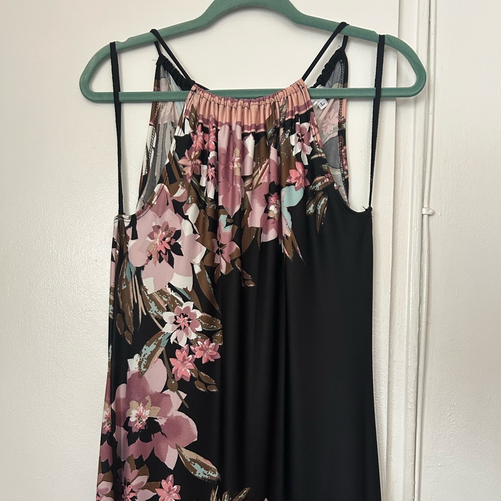 Maxi black Olivia Matthews dress with pink flower patter size L